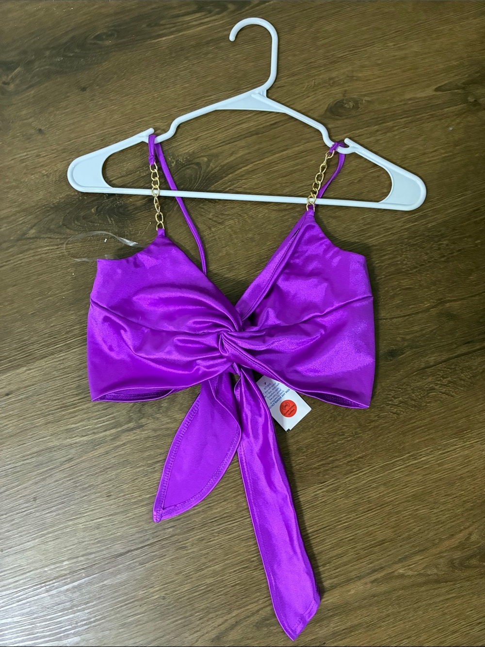 Gold-Chain Strap Satin Tie-Front Camisole in Vibrant Purple